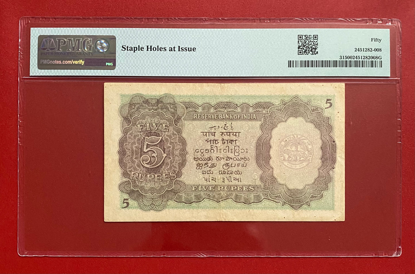 1947 BURMA ₹5 RUPEE MILITARY ADMINISTRATION PMG GRADED AU-50