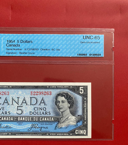 1954 CANADA $5 NOTE CCCS GRADED GEM UNC-65