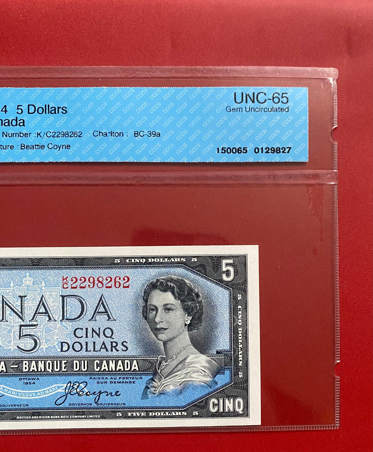 1954 CANADA $5 NOTE CCCS GRADED GEM UNC-65