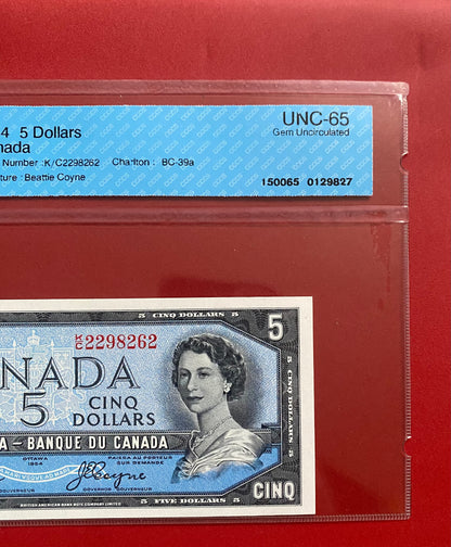 1954 CANADA $5 NOTE CCCS GRADED GEM UNC-65