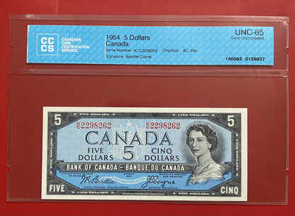 1954 CANADA $5 NOTE CCCS GRADED GEM UNC-65