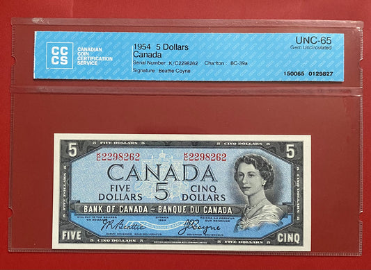 1954 CANADA $5 NOTE CCCS GRADED GEM UNC-65