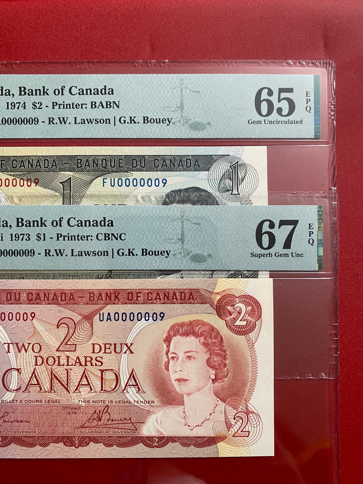 #000009 MATCHING LOW SERIAL 1974 CANADA $2 NOTE PMG GRADED SUPERB GEM UNC-67