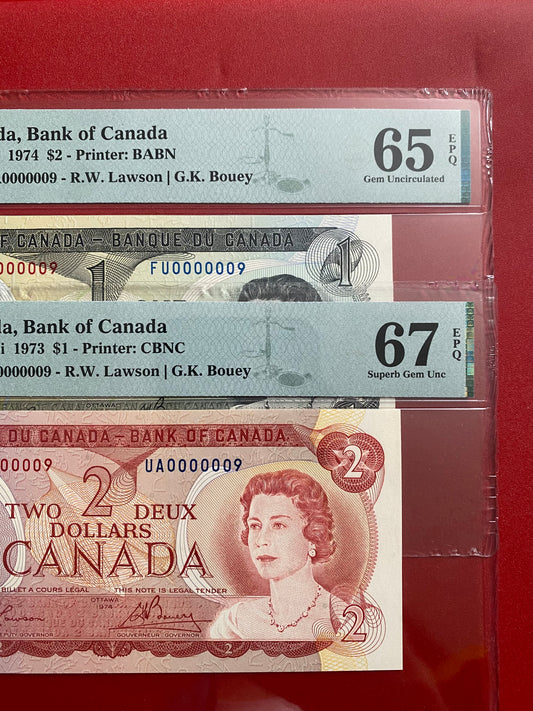 #000009 MATCHING LOW SERIAL 1974 CANADA $2 NOTE PMG GRADED SUPERB GEM UNC-67