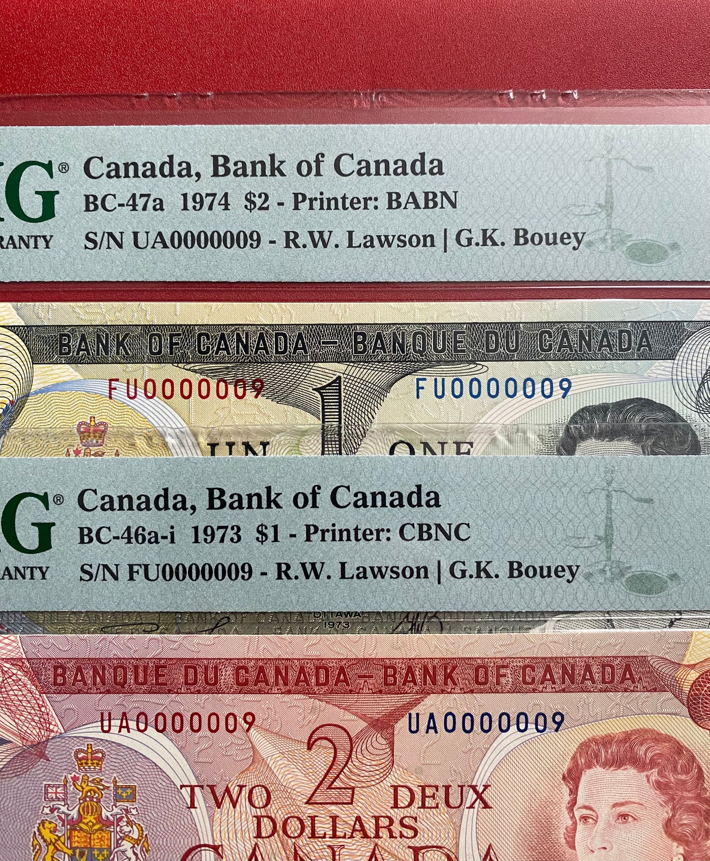 #000009 MATCHING LOW SERIAL 1974 CANADA $2 NOTE PMG GRADED SUPERB GEM UNC-67