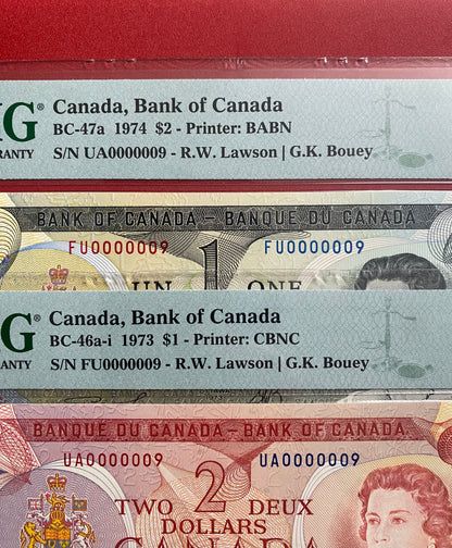 #000009 MATCHING LOW SERIAL 1974 CANADA $2 NOTE PMG GRADED SUPERB GEM UNC-67