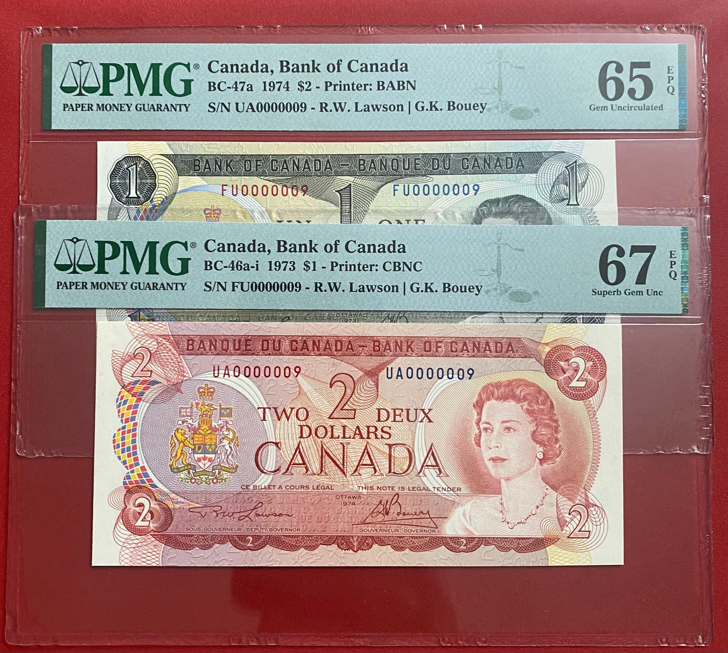 #000009 MATCHING LOW SERIAL 1974 CANADA $2 NOTE PMG GRADED SUPERB GEM UNC-67
