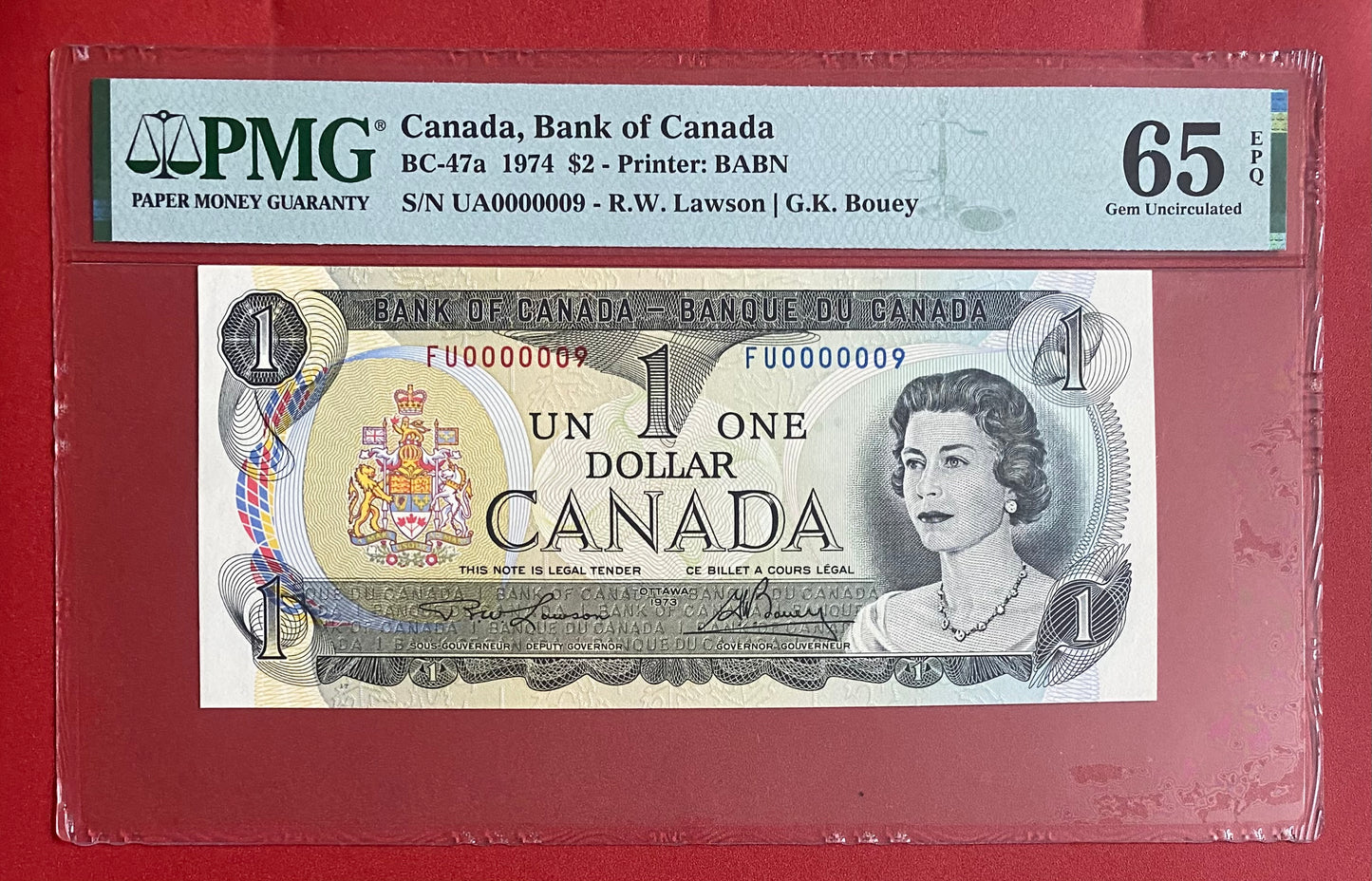 #000009 MATCHING LOW SERIAL 1974 CANADA $2 NOTE PMG GRADED SUPERB GEM UNC-67