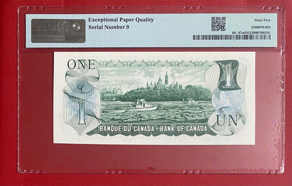 #000009 MATCHING LOW SERIAL 1974 CANADA $2 NOTE PMG GRADED SUPERB GEM UNC-67