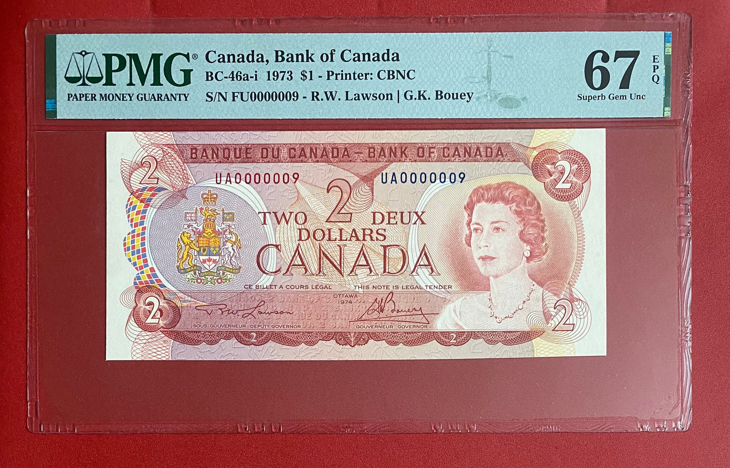 #000009 MATCHING LOW SERIAL 1974 CANADA $2 NOTE PMG GRADED SUPERB GEM UNC-67