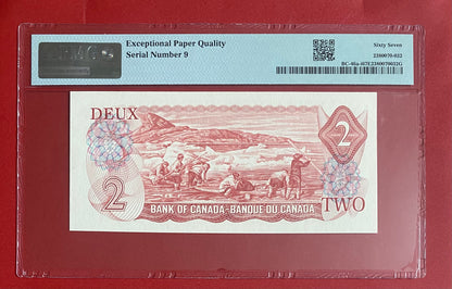 #000009 MATCHING LOW SERIAL 1974 CANADA $2 NOTE PMG GRADED SUPERB GEM UNC-67