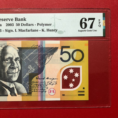 2003 AUSTRALIA RESERVE BANK $50 NOTE: PMG GRADED SUPERB GEM UNC-67