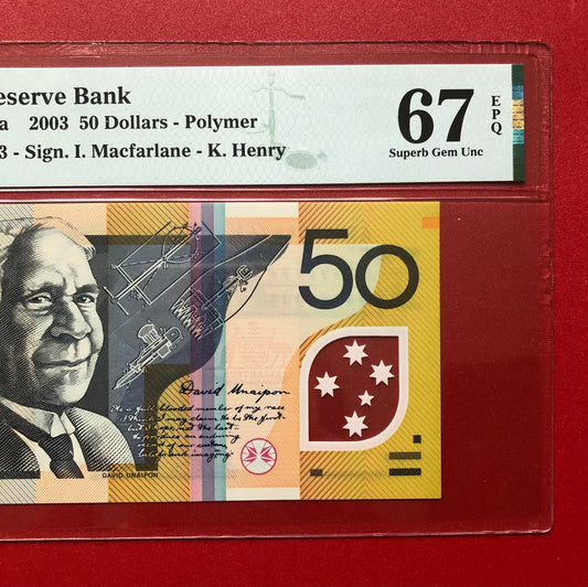 2003 AUSTRALIA RESERVE BANK $50 NOTE: PMG GRADED SUPERB GEM UNC-67