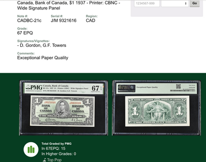 TOP POP: HIGHEST GRADED 1937 CANADA $1 NOTE PMG GRADED SUPERB GEM UNC-67
