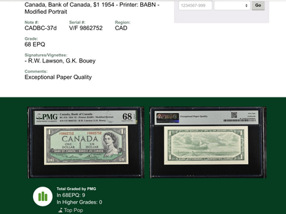 1954 CANADA $1 NOTE PMG GRADED SUPERB GEM UNC-68 “TOP POP” #9862752
