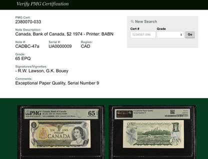 #000009 MATCHING LOW SERIAL 1974 CANADA $2 NOTE PMG GRADED SUPERB GEM UNC-67