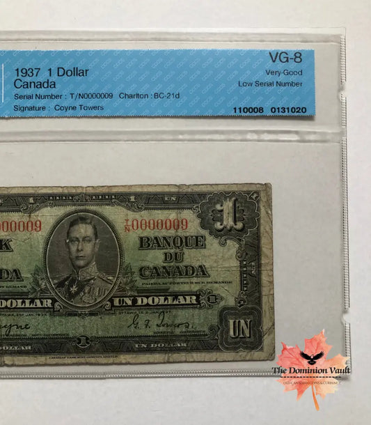 Canada $1 ’1937 Issues’ Low Serial Numbered Note #0000009